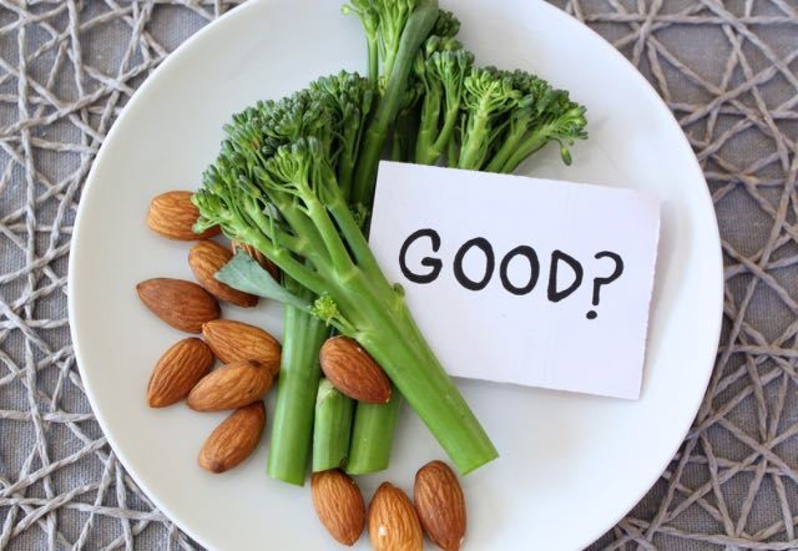 Food on a plate with a paper saying "good?"